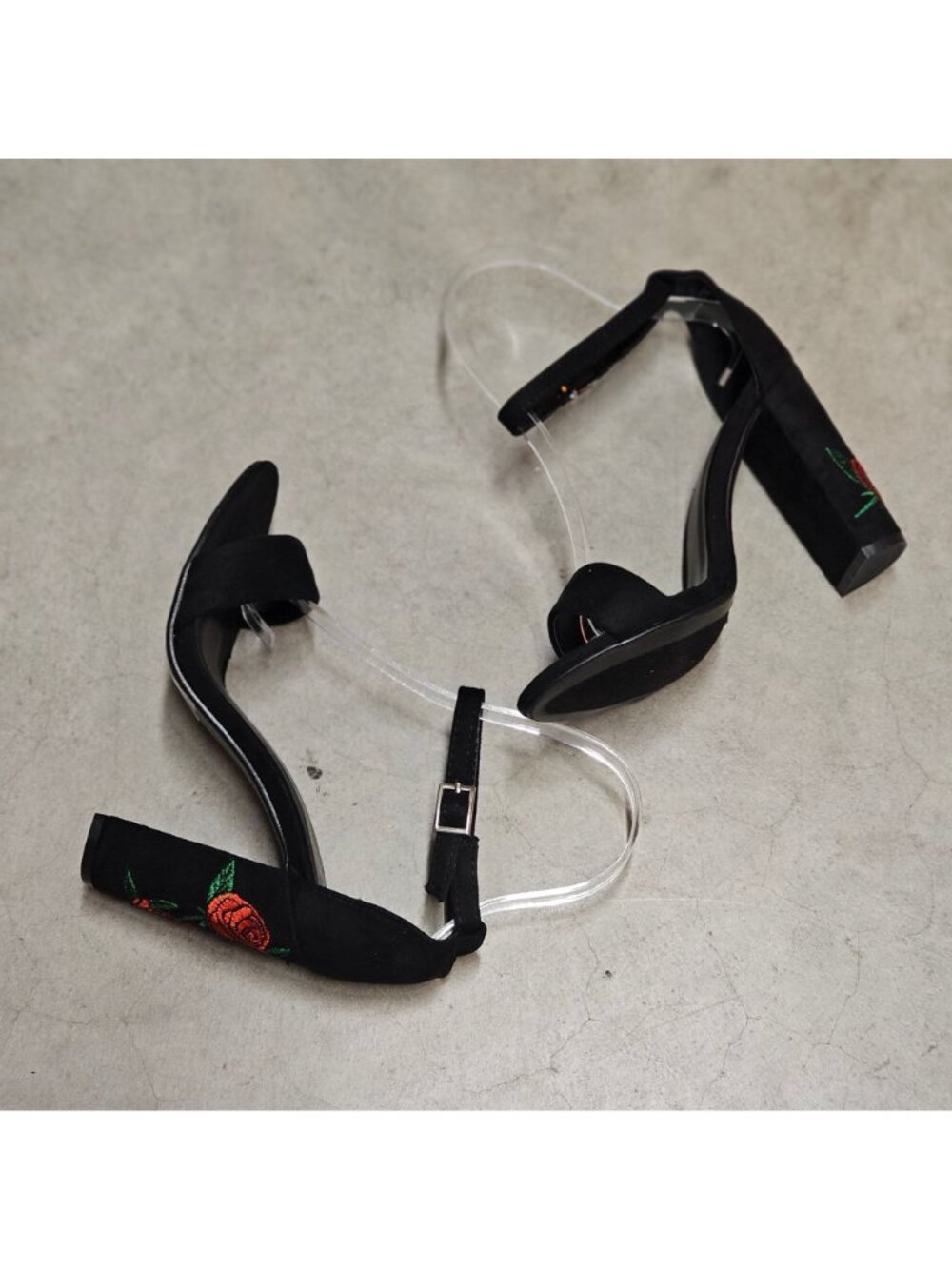 Black Faux Suede Block Heel Sandals With Rose Embroidery & Ankle Strap - Picture 9 of 13